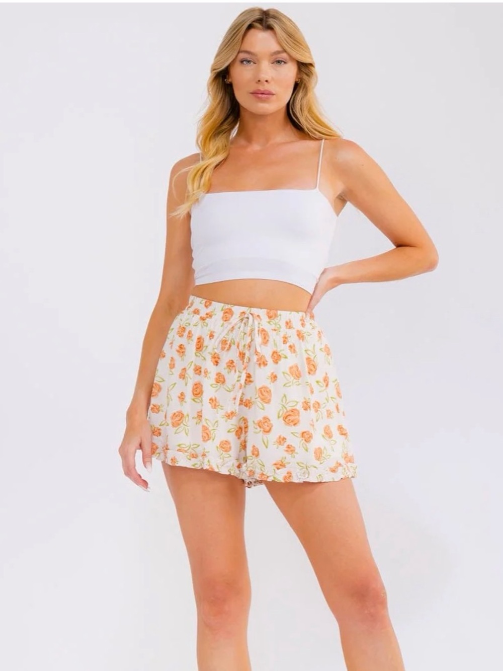 A629. Linen Blend Floral Elastic Waist Mini Shorts